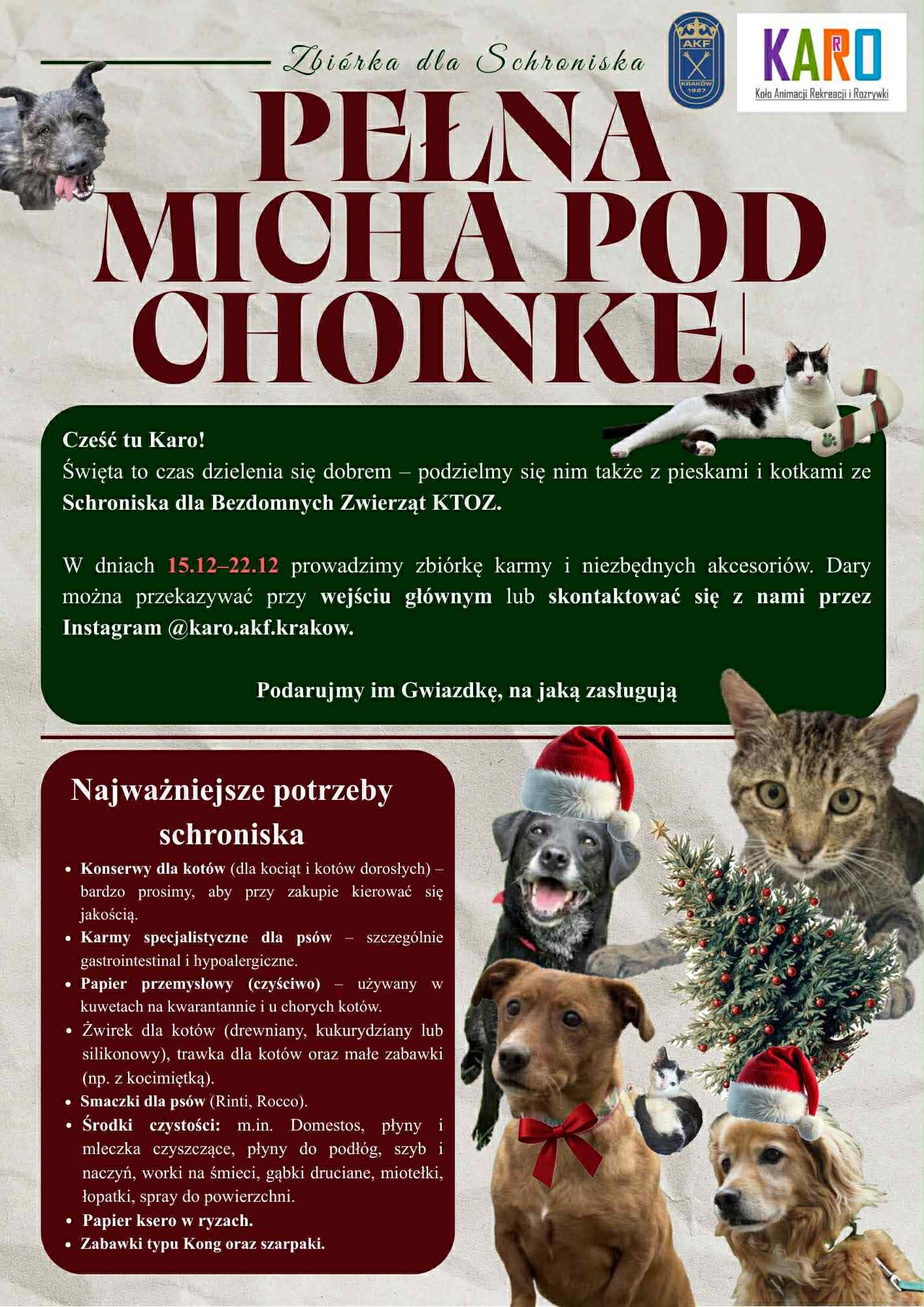 Pełna Micha pod Choinkę – zbiórka dla Schroniska KTOZ na AKF w Krakowie